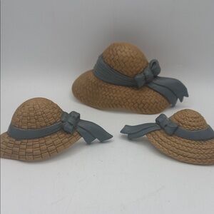 3 VTG 80’s Burwood Home Interior plastic straw hats w/ blue ribbons wall decor
